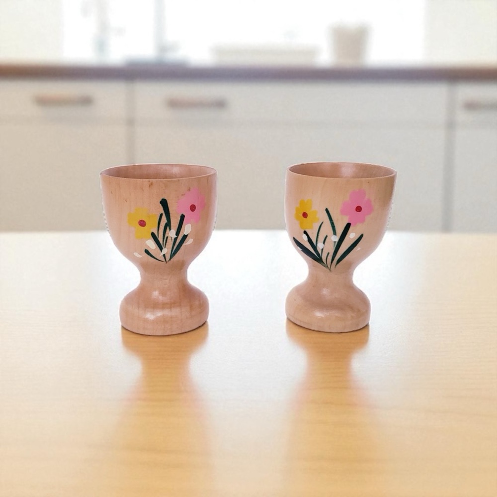 Wooden Egg Cups with Floral Design